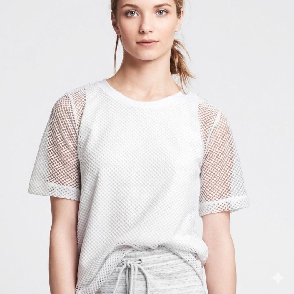 Banana Republic White Mesh Knit Crew Neck Tee Shirt Top Women’s Size Large L